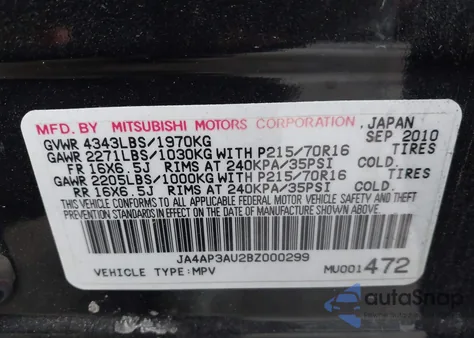 2011 Mitsubishi Outlander Sport Es from USA, damaged, VIN JA4AP3AU2BZ000299